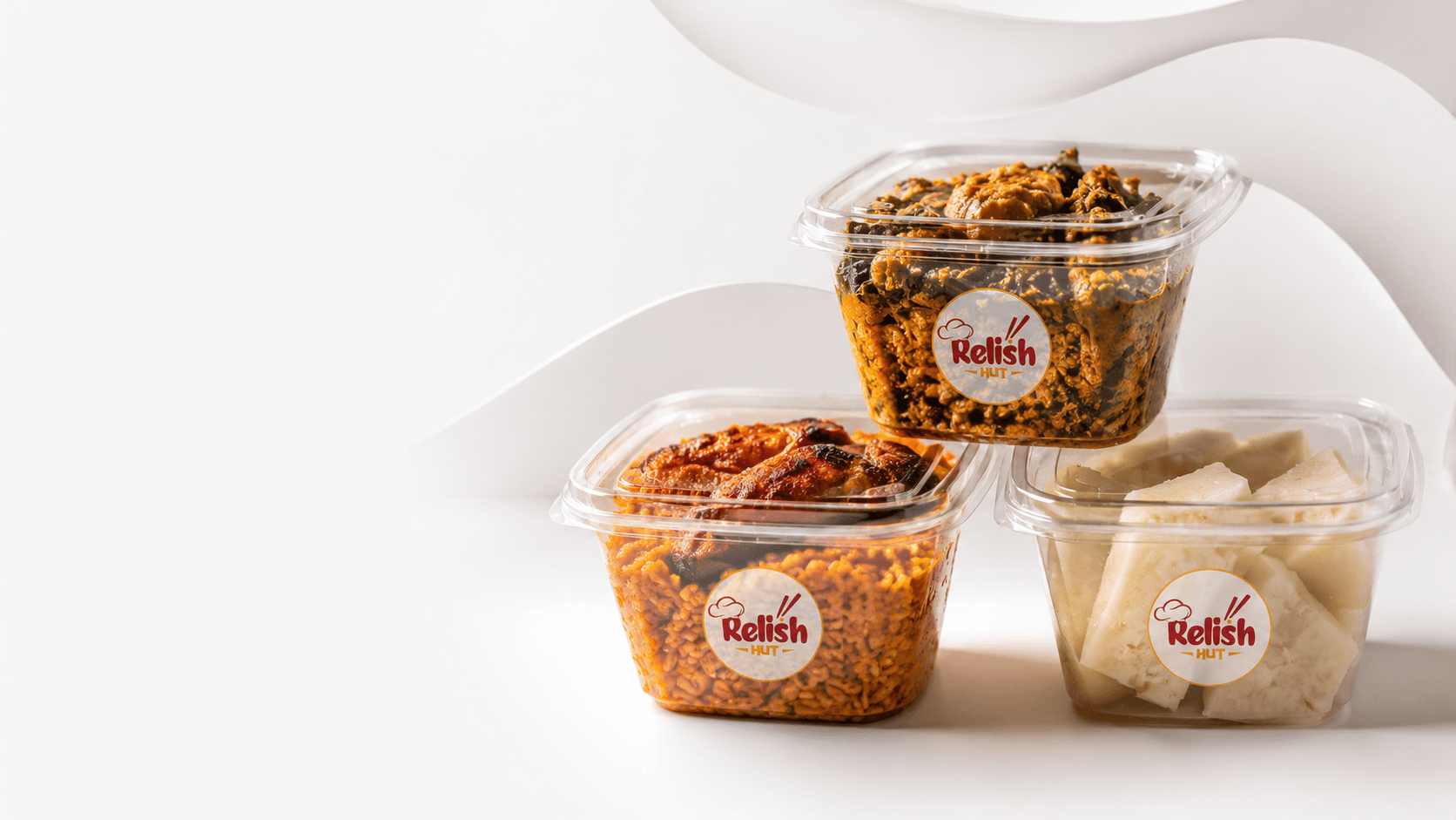 Three Relish Hut takeaway containers of jollof rice with grilled chicken, egusi soup, and yam