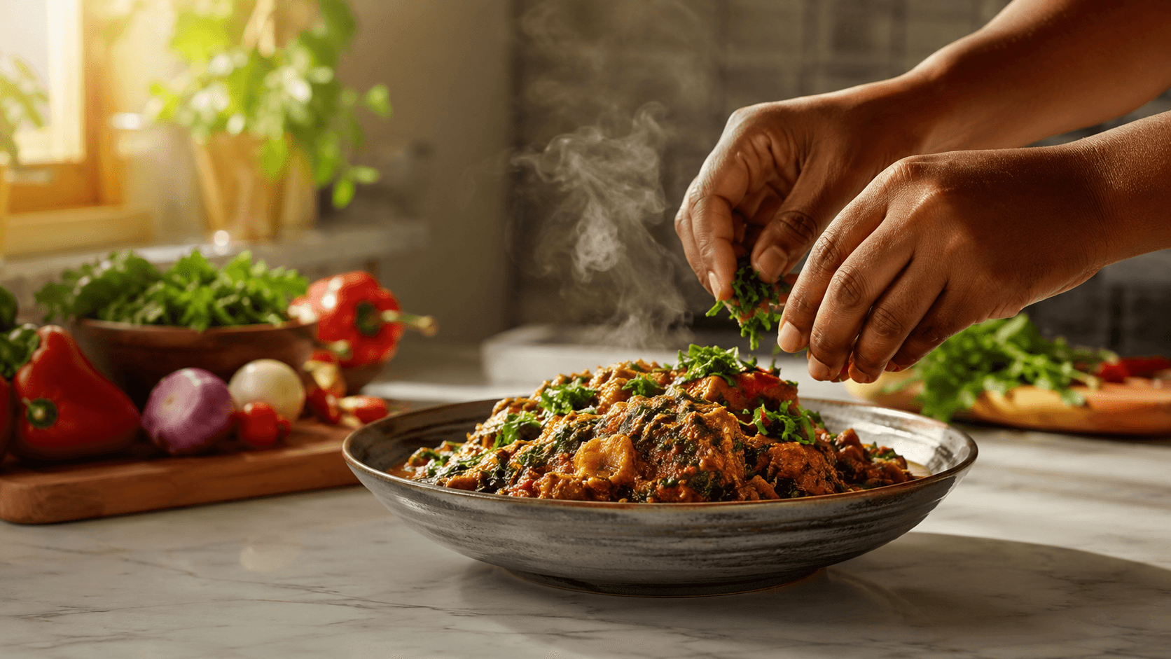 Fresh herbs being sprinkled over a steaming bowl of stew in a home kitchen